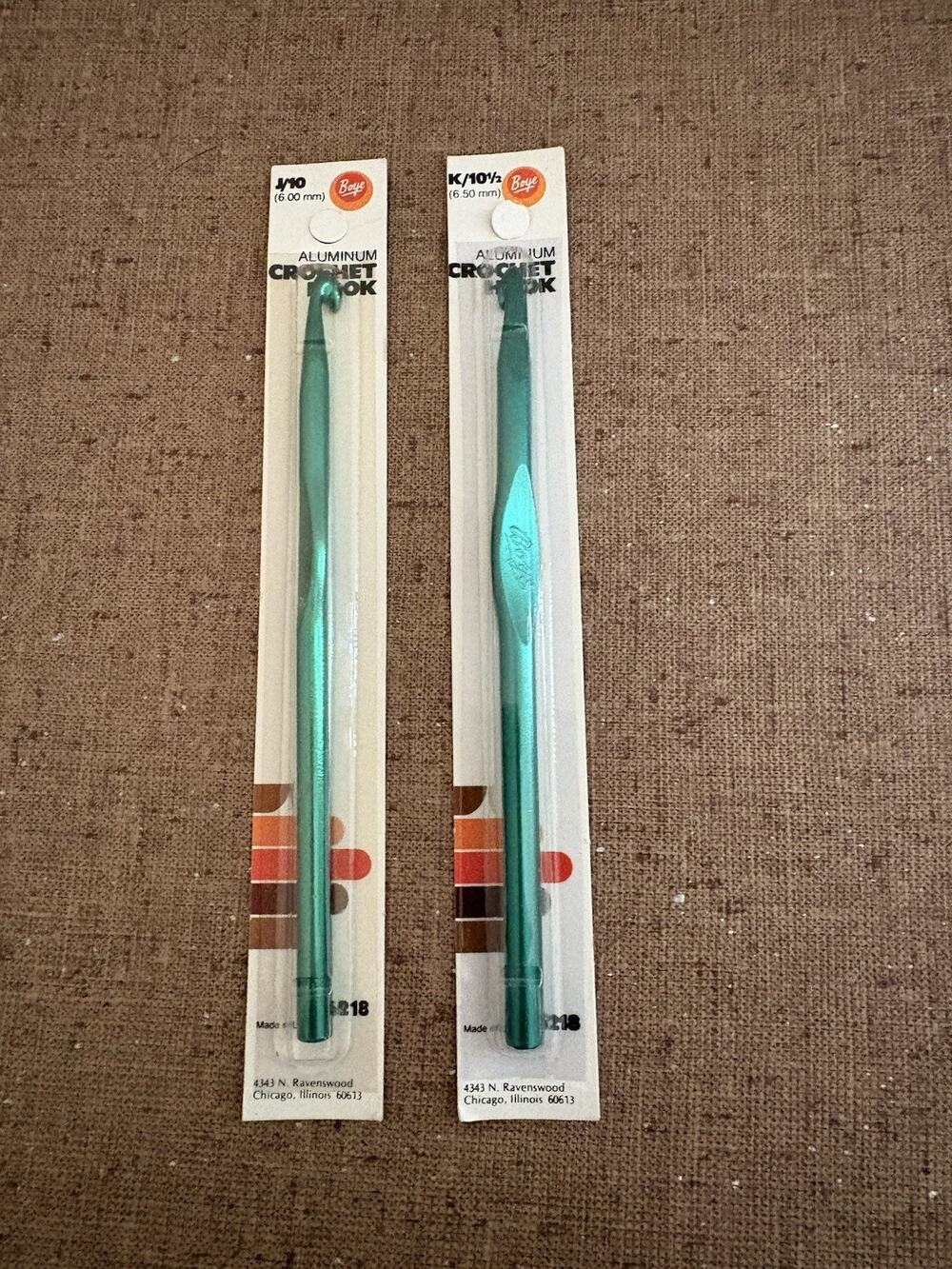 Vintage Crochet Hooks Boye Size J (10) 6 mm K (10 1/2) 6.5 mm Green Aluminum